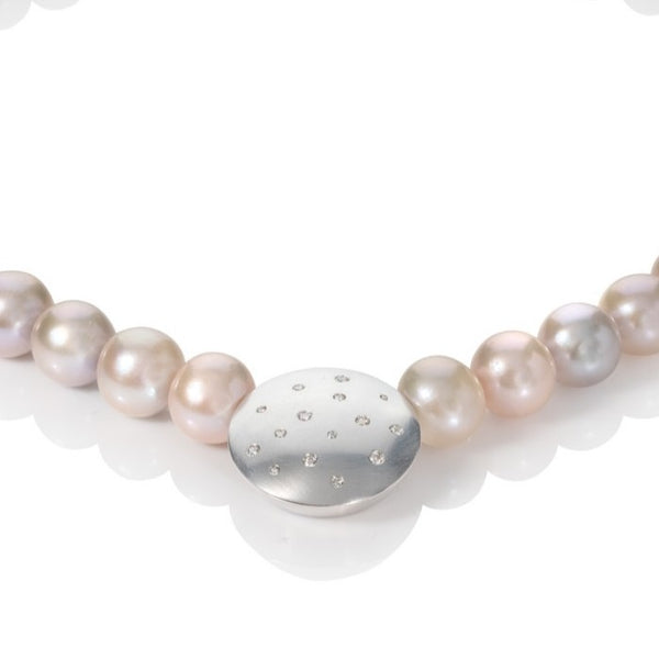 Natural Colour Pink Fresh Water Pearl Necklace with Diamonds