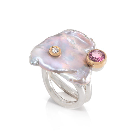 Beautiful Keshi Pearl Ring with Rubelite and Diamond