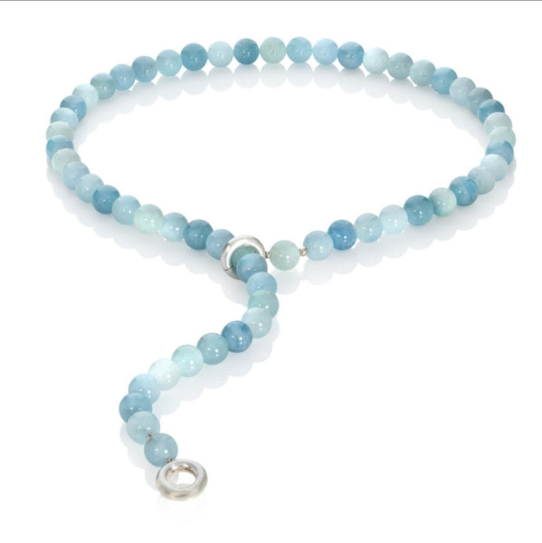 Beautiful Aquamarine Bead Lariat with Silver Double Clasp