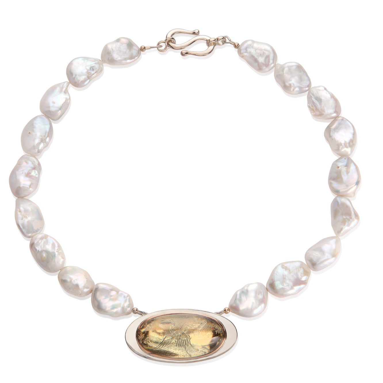 Stunning Keshi Pearl Necklace with engraved ' Flying Crane ' centrepiece