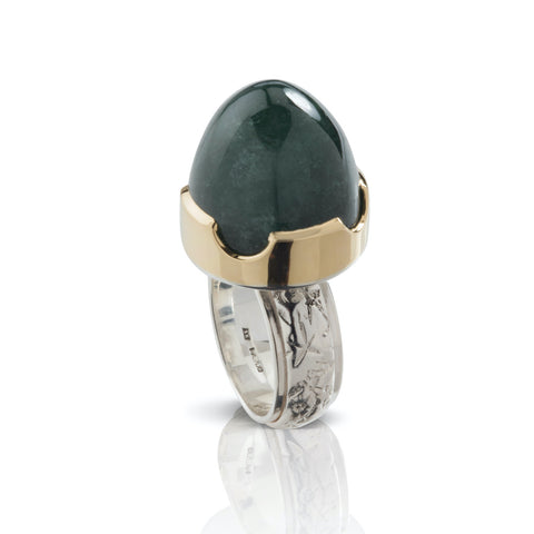 Green Tourmaline Bullet ring with Victorian Style Engraved Floral Flower Shank Sterling Silver and 18ct Yellow Gold