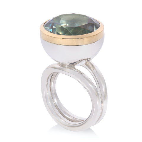 Large Round Prasiolite set in 18ct Yellow Gold with Sterling Silver Ring Rubover Set