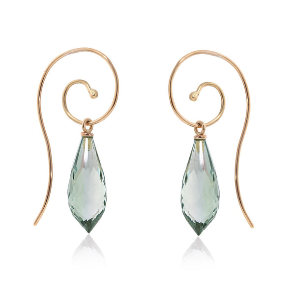 Pale green faceted Prasiolite Drops on 18ct Yellow Gold wire