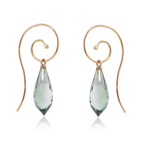 Pale green faceted Prasiolite Drops on 18ct Yellow Gold wire