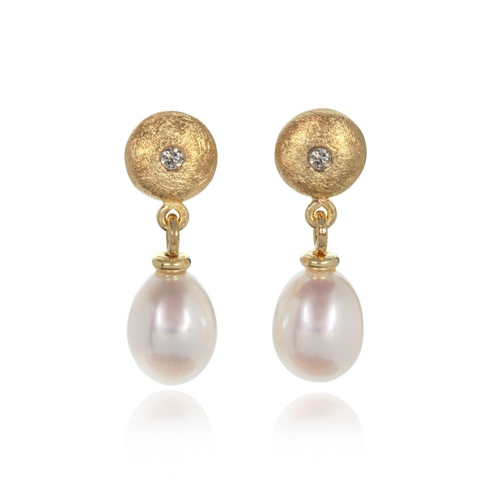 Oval Fresh Water Pearl and Diamond Earrings Gold Plated