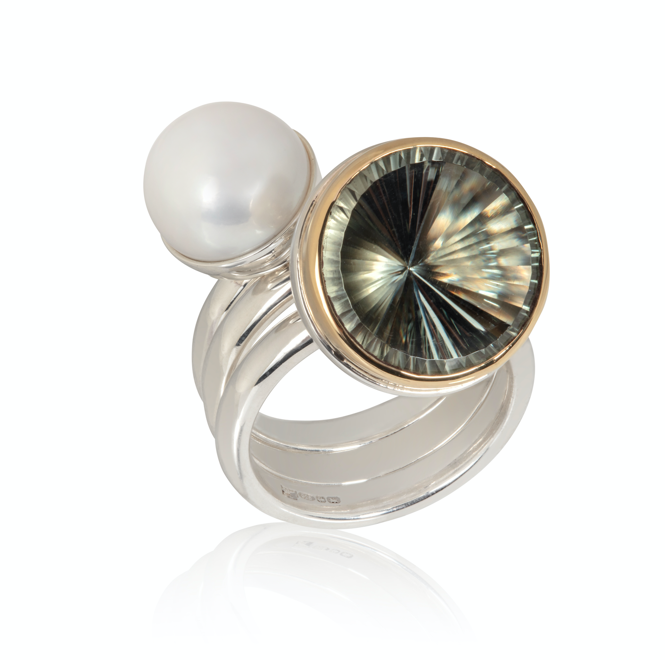 Stacking Rings. Prasiolite Ring, Pearl Ring and Plain Silver Band. Sun Cut Gemstone