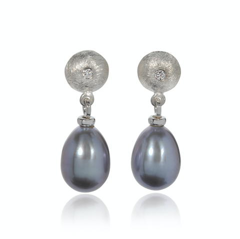 Grey Oval Fresh Water Pearl and Diamond Earrings