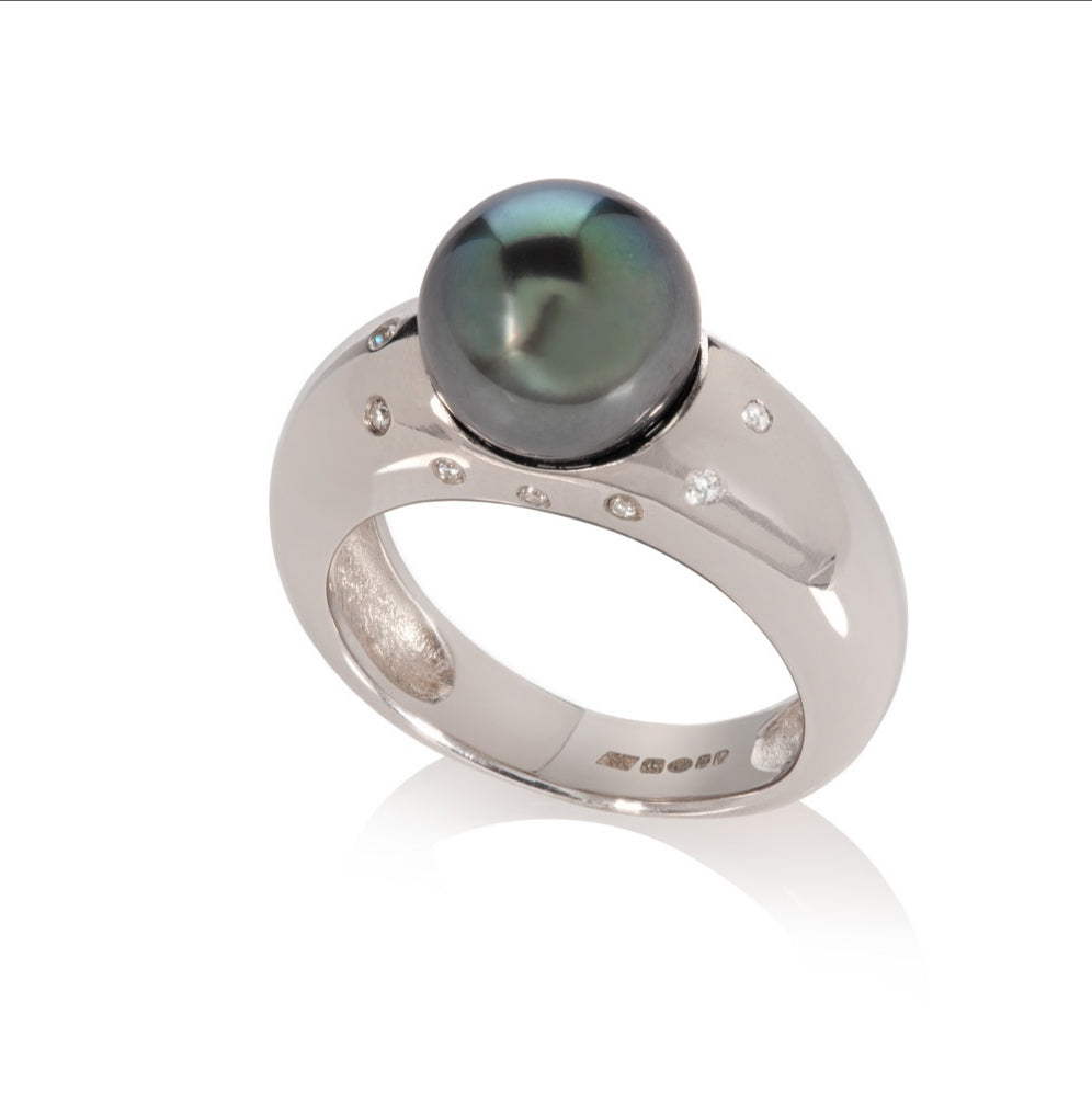 Sterling Silver Tahitian Pearl Ring with a Halo of Diamonds
