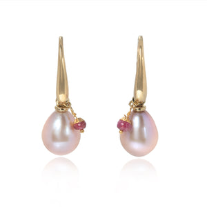 18ct Gold Earrings with Dusty Pink Pearl Drops & Faceted Ruby Beads