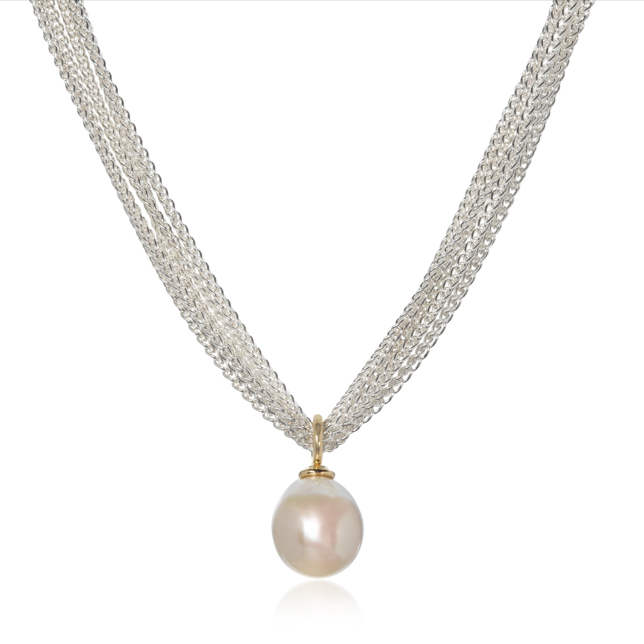 Long 90-100cm Four Strand Pearl And Stainless Steel Chain Necklace