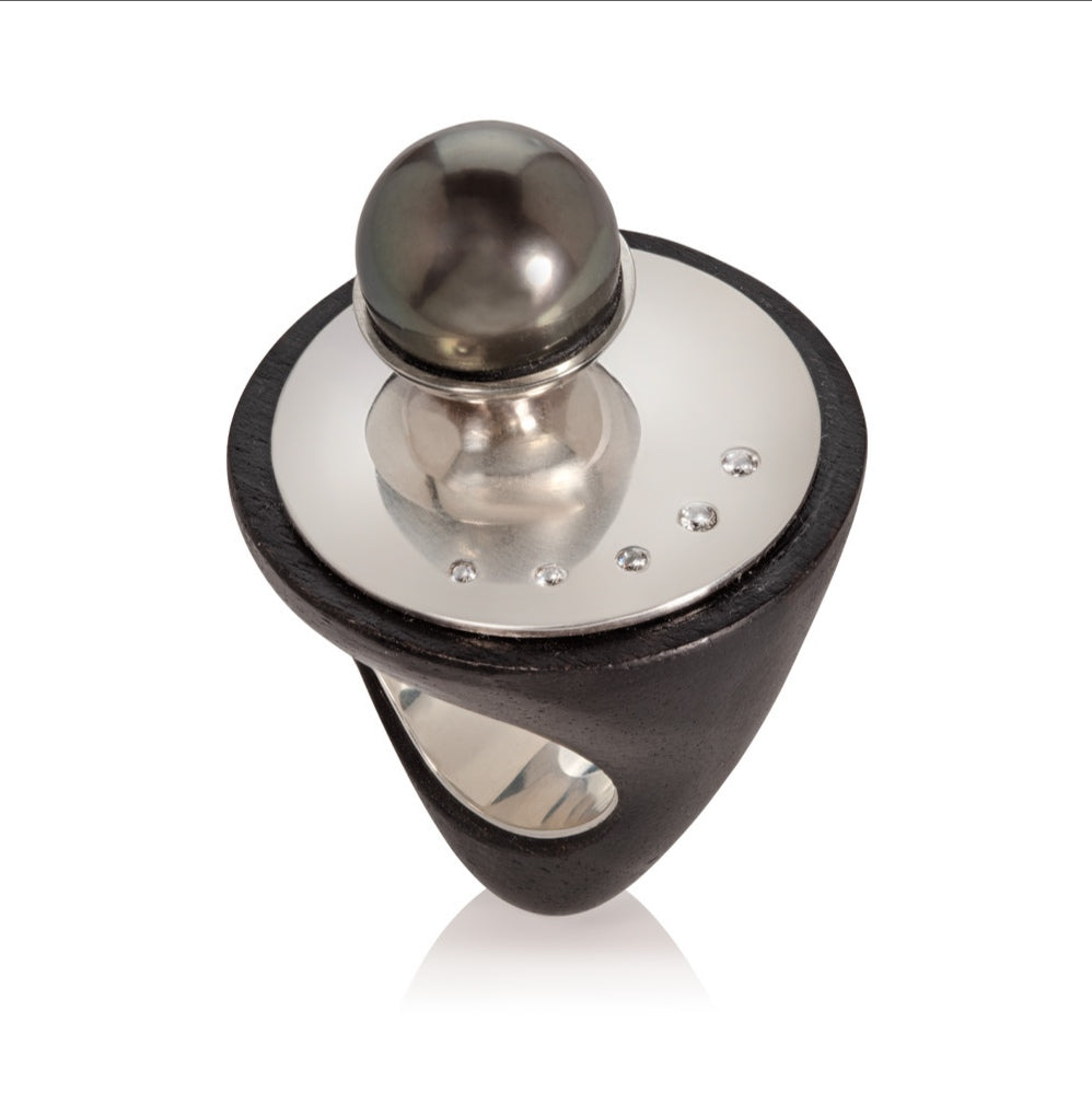 African Hardwood Ring with Black Tahitian Pearl and Diamonds