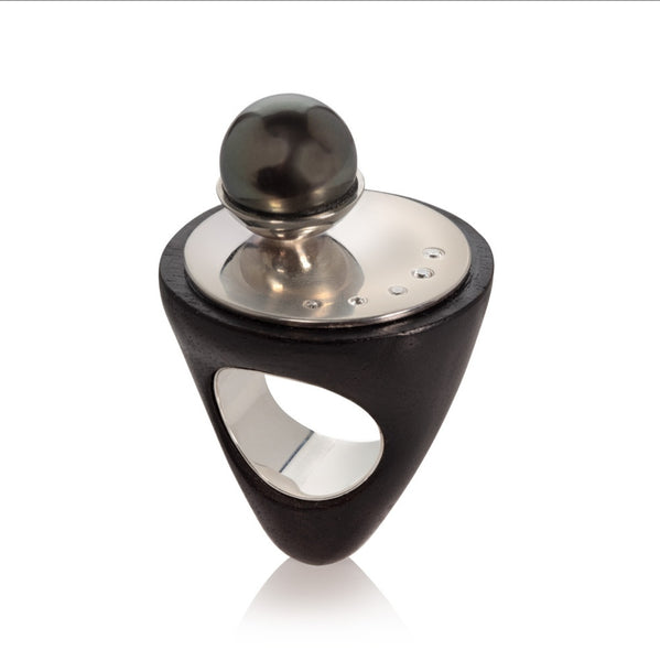 African Hardwood Ring with Black Tahitian Pearl and Diamonds